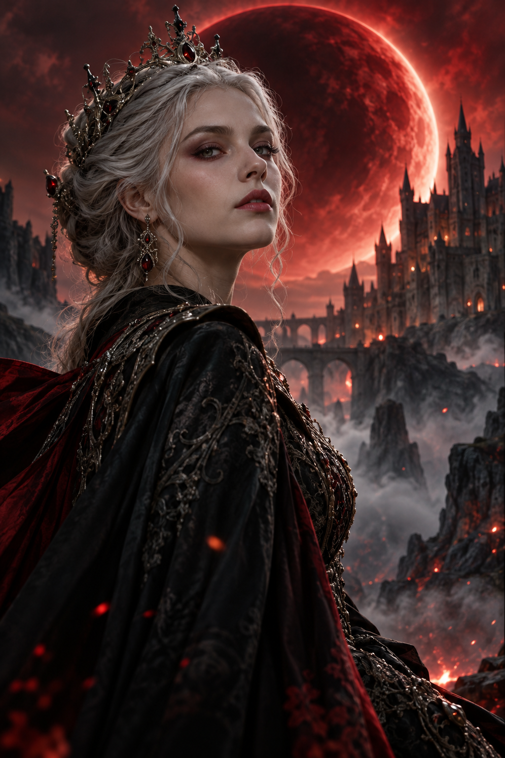 Fantasy-themed promotional artwork featuring a crowned woman beneath a red moon.