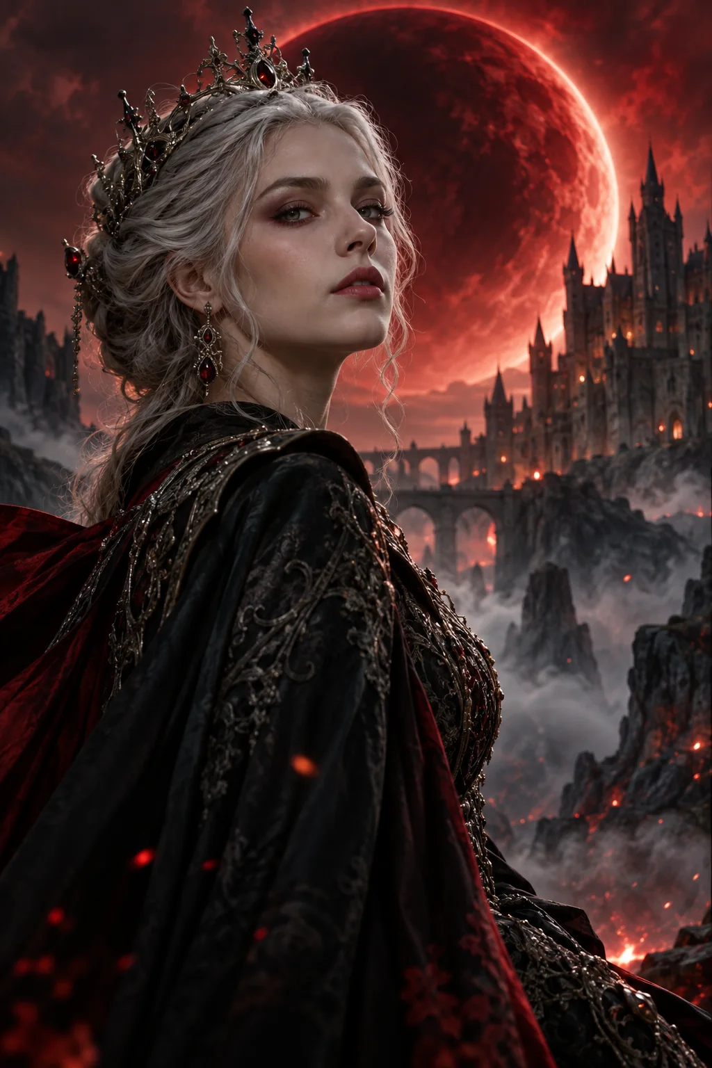 A crowned woman beneath a red moon.