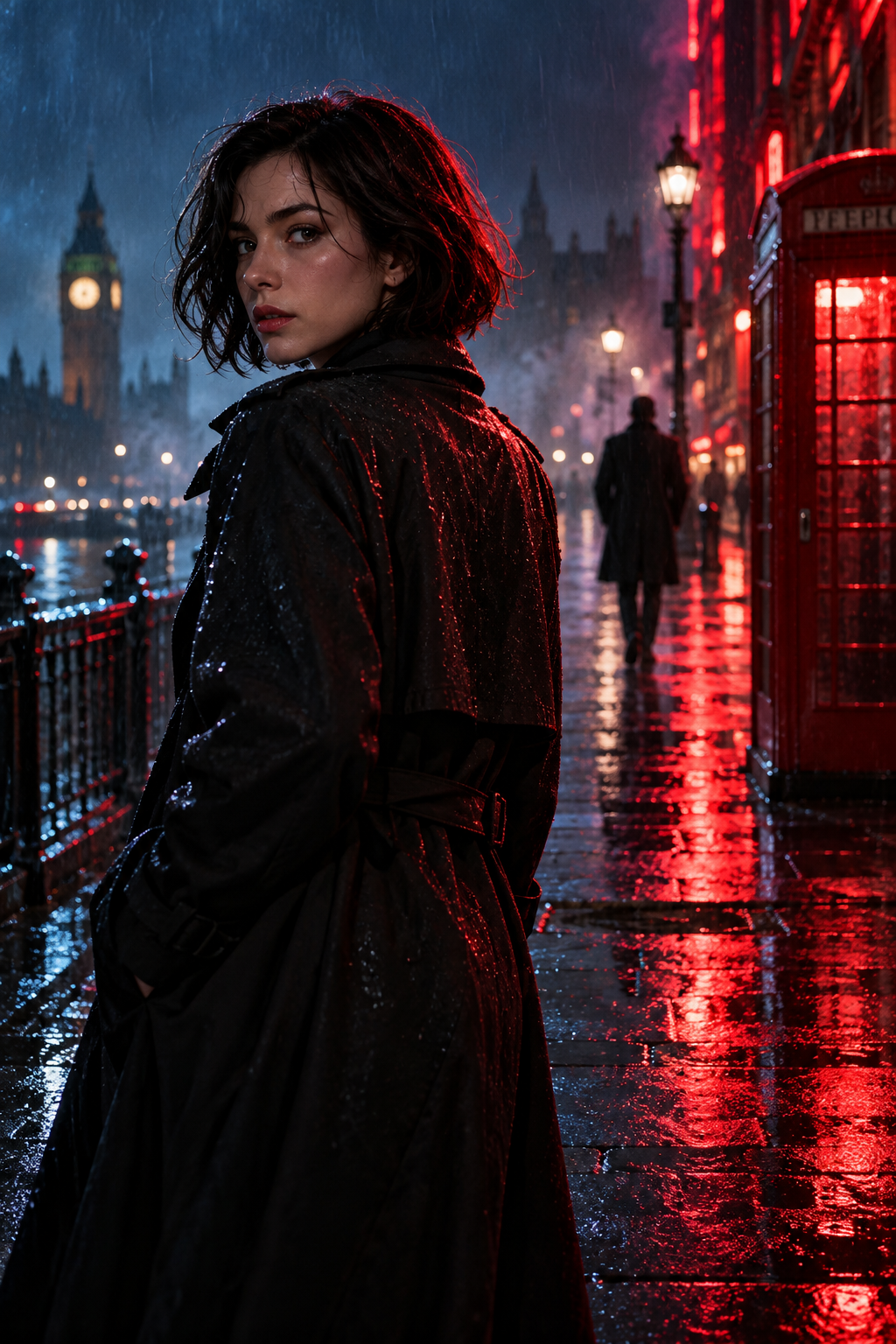 Thriller-themed promotional artwork featuring a woman on a rain-lit city street.